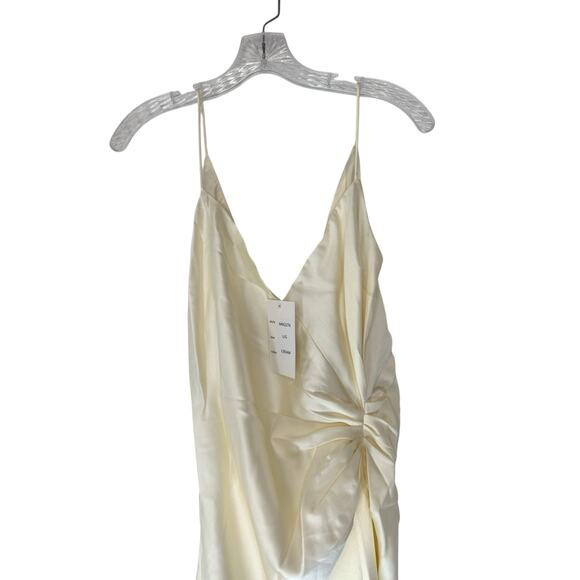 NWT Maniju Cream Spaghetti Strap Satin V-Neck Ruched Formal Maxi Dress Large - Picture 10 of 11